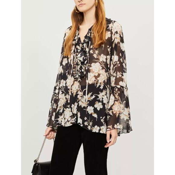 The Kooples Paris Women’s S Black Floral Ruffle Viscose Muslin Blouse NEW - Picture 1 of 6